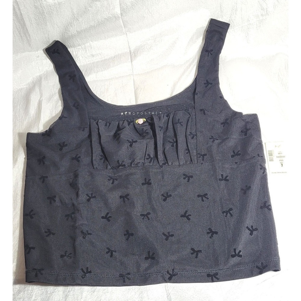Aeropostale Flocked‎ Bow Mesh Cropped Tank Top - Black - Style #4489 - Large